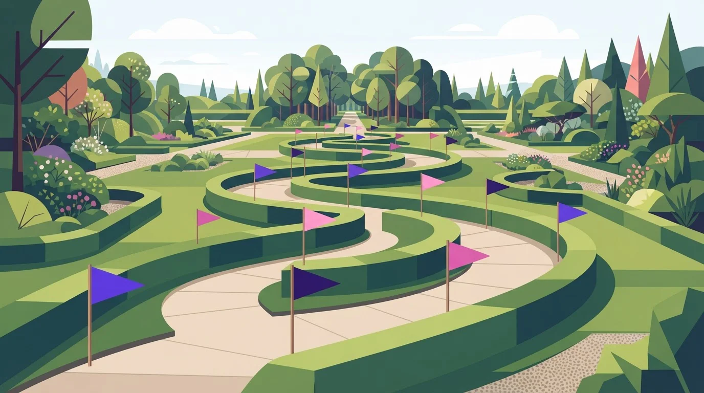 Parkweg mit markierten Etappen und kleinen Fahnen