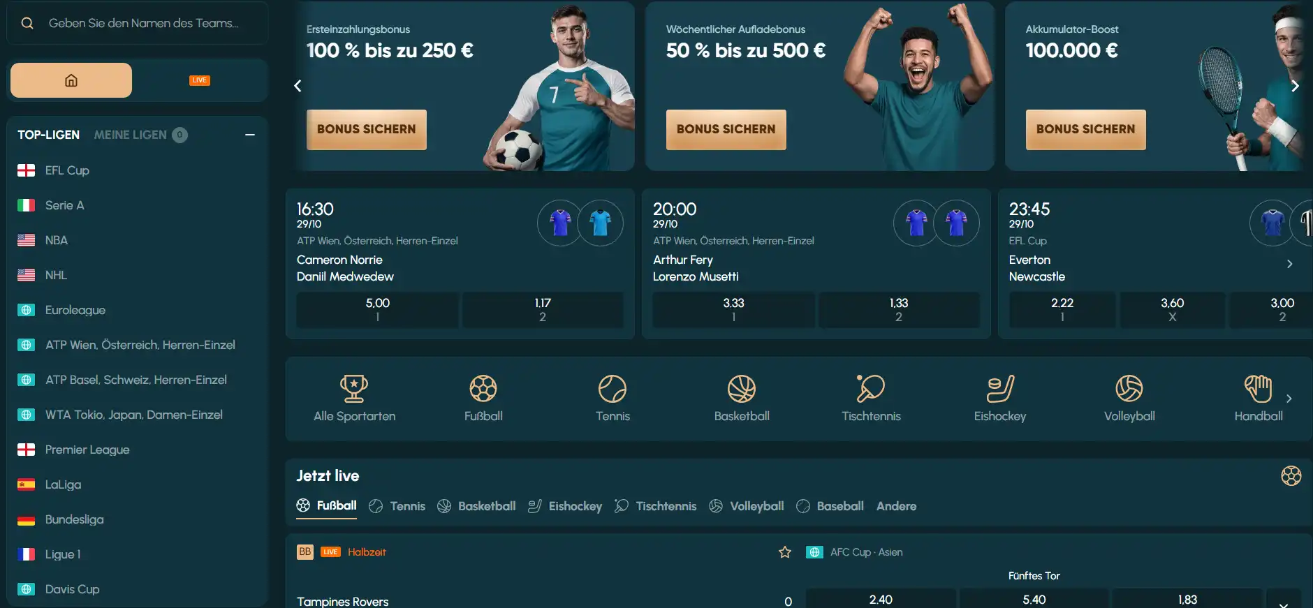 Sportmenü mit Sportarten und Wettkategorien bei LegendPlay
