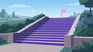 Treppe mit aufeinanderfolgenden Stufen und kleiner Fahne am oberen Ende