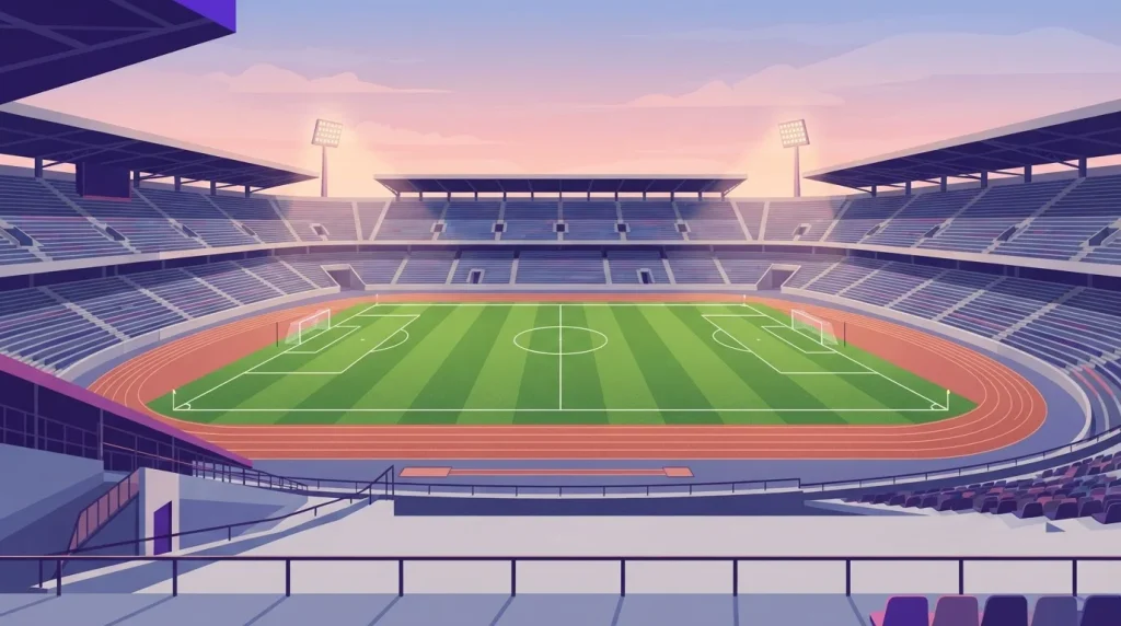 Fußballplatz mit leeren Tribünen im Abendlicht