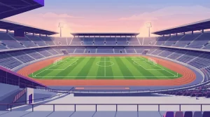 Fußballplatz mit leeren Tribünen im Abendlicht
