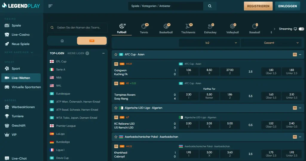 Sportmenü von LegendPlay mit Kategorien für laufende Spiele und laufenden Quoten