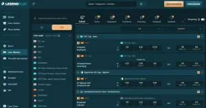 Sportmenü von LegendPlay mit Kategorien für laufende Spiele und laufenden Quoten