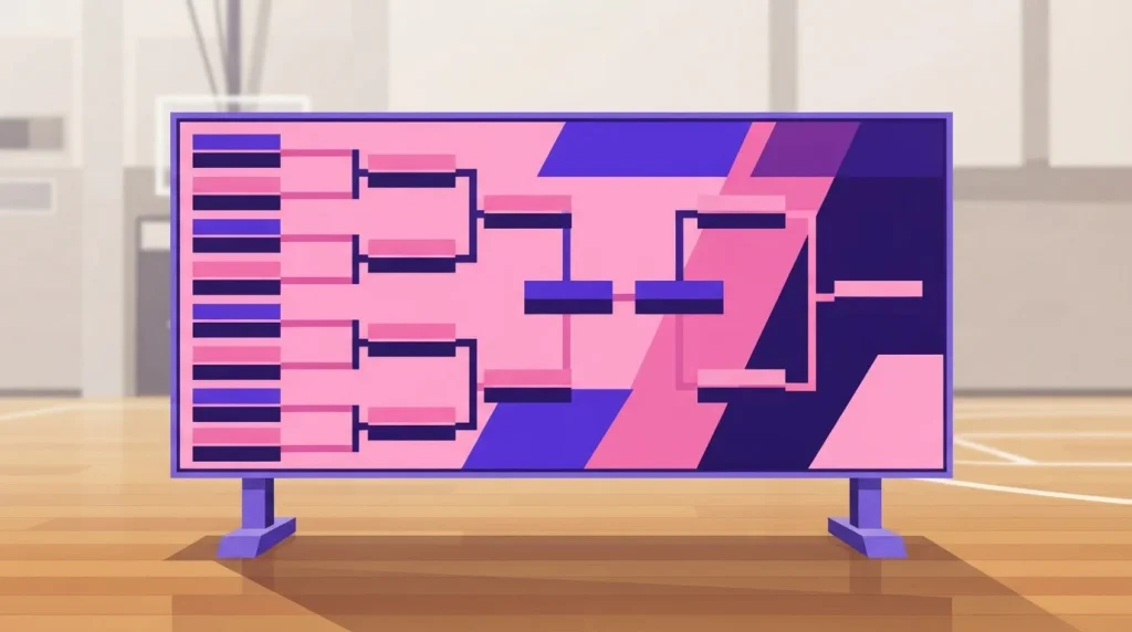 Turniertafel mit farbigen Linien, Paarungen und mehreren Spielrunden