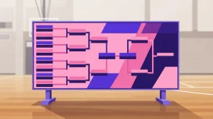 Turniertafel mit farbigen Linien, Paarungen und mehreren Spielrunden