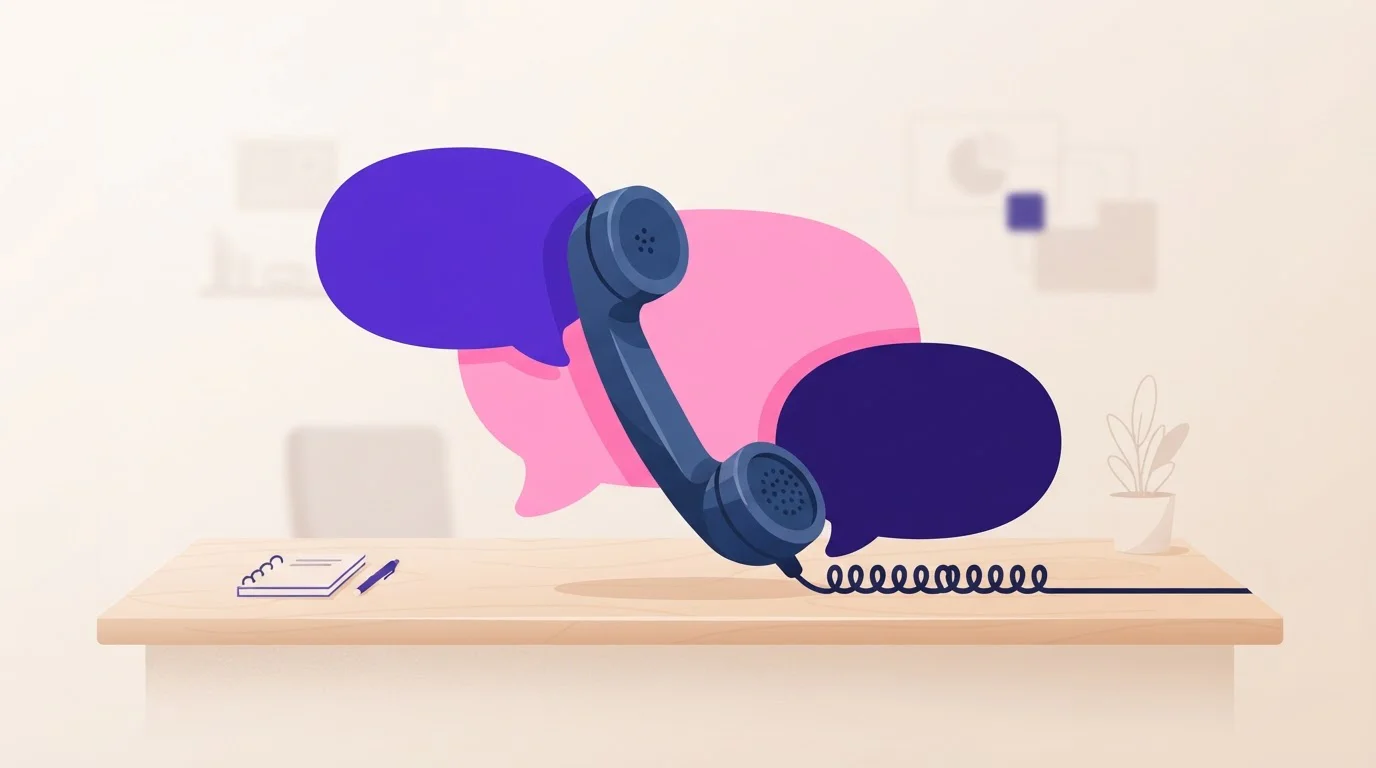 Farbige Sprechblasen neben einem Telefonhörer auf hellem Hintergrund
