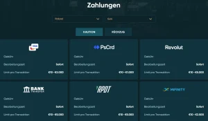 Zahlungssymbole für Visa, Mastercard, Klarna und Interac im Zahlungsbereich von LegendPlay